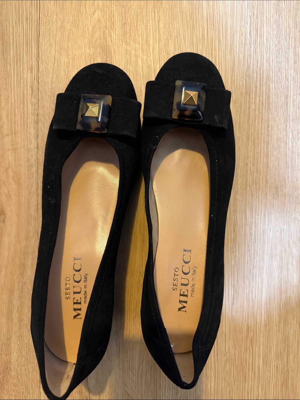 Sesto Meucci Black Suede Square Buckle Flats